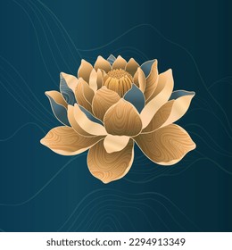 Lotus flowers for luxury and exclusive use in design. Water lilies in gold and blue colors, isolated lotus elements. Nelumbo made in Chinese aesthetics and culture style.Vector illustration.