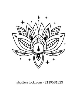 Lotus flowers with moon and stars, outline vector blooming lotus. Lotus logo design. Lotus spiritual design  isolated on white background