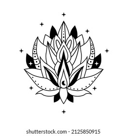 Lotus flowers with moon and stars, outline vector blooming lotus. Lotus logo design. Lotus spiritual design  isolated on white background