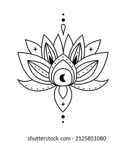 Lotus flowers with moon and stars, outline vector blooming lotus. Lotus logo design. Lotus spiritual design  isolated on white background