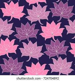 Lotus flowers on a dark background. Seamless vector pattern.