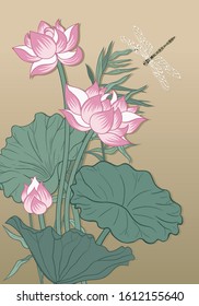 
Lotus flowers on long stems, leaves, reed and dragonfly on a gold background. Vector card or panel in the chinoiserie style.
