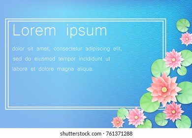 Lotus flowers on oriental pattern backdrop. Vector illustration, paper cut out art style.
