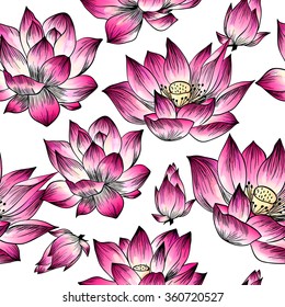 Lotus flowers on a white background . Vector seamless pattern