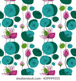 Lotus flowers and pads vector seamless pattern