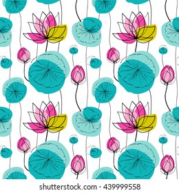 Lotus flowers and pads vector seamless pattern, white background