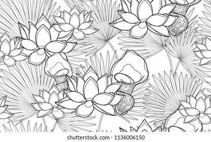 Lotus flowers and palm. Big leaves and exotic flowers composition. Vector illustration. Botanical seamless wallpaper. Digital nature art. Cartoon style sketch. White background.