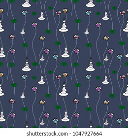 Lotus flowers pattern with green leaves and white stone balance piles