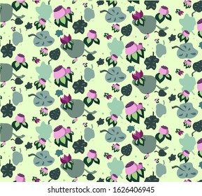 Lotus flowers pattern, green leaves, water plants