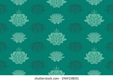 Lotus bloemen naadloos patroon, kalme smaragdgroene kleur, hand getekende vector illustratie