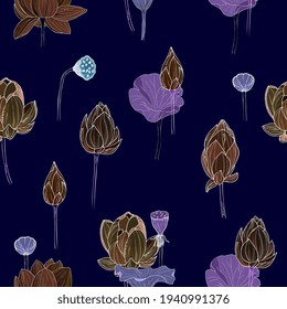 lotus flowers seamless pattern. Elegant tropical background with lotus flowers, water lily. hand drawing ink.
