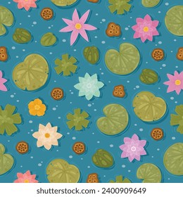 Lotus flowers seamless pattern. Pond with green lily pads and flowers, aquatic plants in water pond flat vector background illustration. Overgrown pond endless pattern