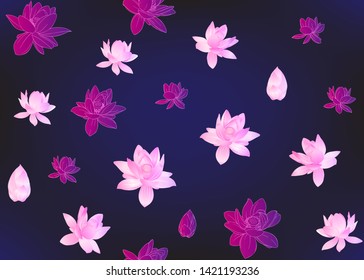 Lotus flowers seamless pattern.  Vector illustration. In neon, fluorescent colors On blue background. Colored and outline design. Vector illustration.