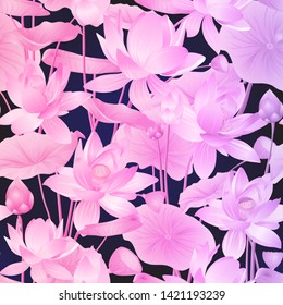 Lotus flowers seamless pattern.  Vector illustration. In neon, fluorescent colors On blue background.