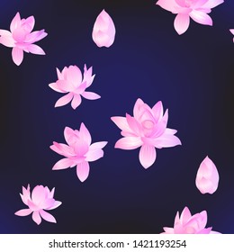 Lotus flowers seamless pattern.  Vector illustration. In neon, fluorescent colors On blue background.