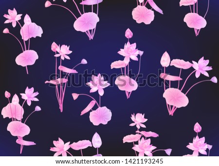 Lotus flowers seamless pattern.  Vector illustration. In neon, fluorescent colors On blue background.