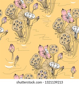 Lotus flowers and seeds hand-drawn in black, pink, beige, green, black, white and grey colors seamless pattern on beige background.