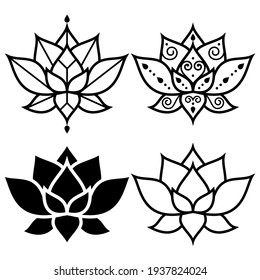 Lotus flowers simple geometric design set -  yoga, zen, buddhism, mindfulness concept. Decorative lotus pattern collection in black and white

