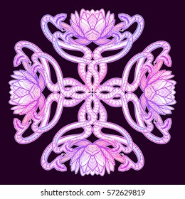 Lotus flowers and snakes arranged in an Intricate cross shaped pattern isolated on black background. Concept art for Hindu or yoga designs. Tattoo design. EPS10 vector illustration.