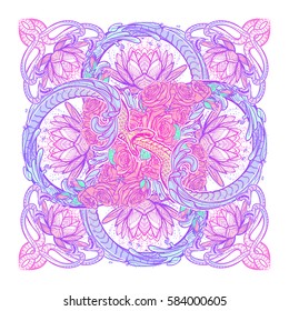 Lotus flowers and snakes arranged in an Intricate rectangular pattern isolated on white background. Concept art for Hindu or yoga and spiritual designs. Tattoo design. EPS10 vector illustration.