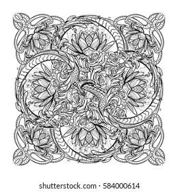 Lotus flowers and snakes arranged in an Intricate rectangular pattern isolated on white background. Concept art for Hindu or yoga and spiritual designs. Tattoo design. EPS10 vector illustration.