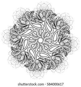 Lotus flowers and snakes arranged in an Intricate circle mandala isolated on white background. Concept art for Hindu yoga and spiritual designs. Tattoo design. EPS10 vector illustration.