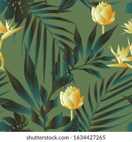 Lotus flowers surrounded by palm leaves seamless pattern. Vector illustration with tropical plants. EPS10