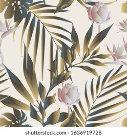 Lotus flowers surrounded by palm leaves seamless pattern. Vector illustration with tropical plants. EPS10