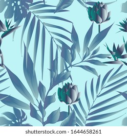 Lotus flowers surrounded by palm leaves seamless pattern. Vector illustration with tropical plants. EPS10