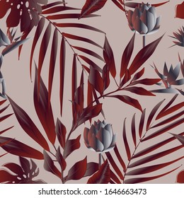 Lotus flowers surrounded by palm leaves seamless pattern. Vector illustration with tropical plants. EPS10