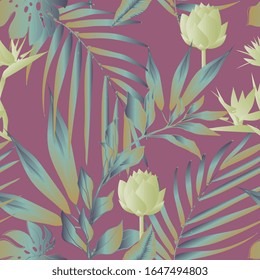 Lotus flowers surrounded by palm leaves seamless pattern. Vector illustration with tropical plants. EPS10