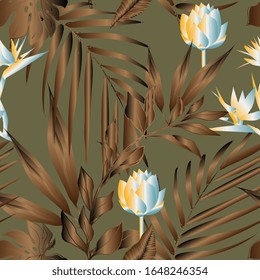 Lotus flowers surrounded by palm leaves seamless pattern. Vector illustration with tropical plants. EPS10