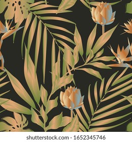 Lotus flowers surrounded by palm leaves seamless pattern. Vector illustration with tropical plants. EPS10