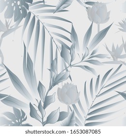 Lotus flowers surrounded by palm leaves seamless pattern. Vector illustration with tropical plants. EPS10