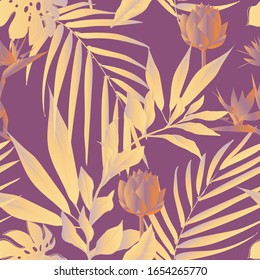 Lotus flowers surrounded by palm leaves seamless pattern. Vector illustration with tropical plants. EPS10