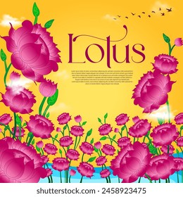 Lotusblumen. Vorlage für Hochzeitseinladung, Grußkarte, Banner, Geschenkgutschein mit Textstelle. Farbiges Design und Konturgestaltung. Vektorillustration. 