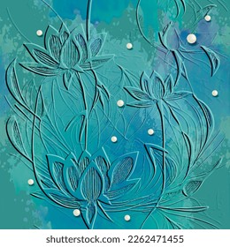 Lotus flowers textured 3d seamless pattern. Floral embossed watercolor blue background. Grunge dirty backdrop. Line art  flowers, leaves, 3d pearls, beads. Abstract hand drawn surface lotus ornaments.