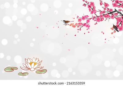 Lotus flowers under the blooming sakura branch on white glowing background