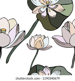 Lotus. Flowers, Water Lily, pattern seamless, drawn by hand. Clip art flowers.