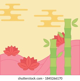 lotus flwoers and bamboo oriental element decoration vector illustration color design