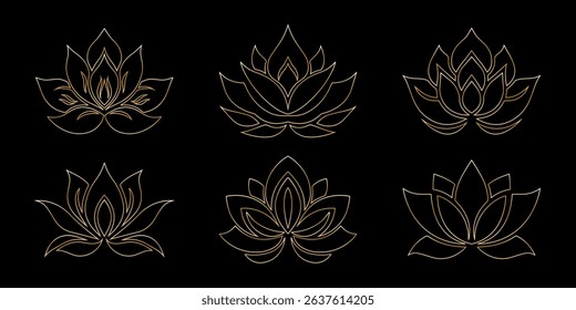 Lotus gold flower logo. Set of lotus gold indian icons. Can be used as icon, sign or symbol - for yoga and meditation, for spa salon. Golden lotus line art silhouette. Diwali Hindu festival.
