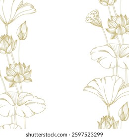 Lotus gold flowers, seed pod and leaves seamless border. Vector illustration hand drawn and isolated on white background. Template for label and logo design