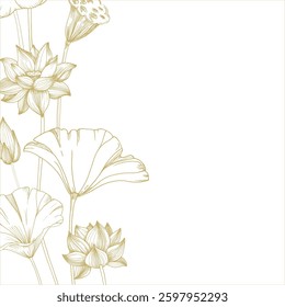 Lotus gold flowers, seed pod and leaves frame. Vector illustration hand drawn and isolated on white background. Template for label and logo design