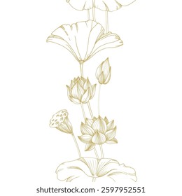 Lotus gold flowers, seed pod and leaves seamless border. Vector illustration hand drawn and isolated on white background. Template for label and logo design