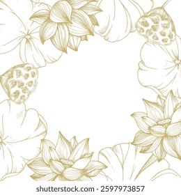 Lotus gold flowers, seed pod and leaves frame. Vector illustration hand drawn and isolated on white background. Template for label and logo design