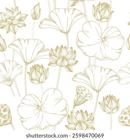 Lotus gold flowers, seed pod and leaves seamless pattern. Vector illustration hand drawn and isolated on white background. Template for label and textile design