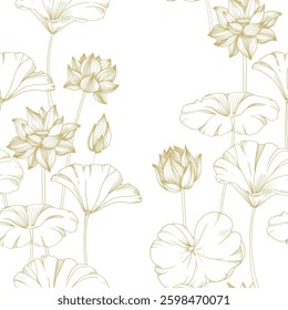Lotus gold flowers, seed pod and leaves seamless pattern. Vector illustration hand drawn and isolated on white background. Template for label and textile design