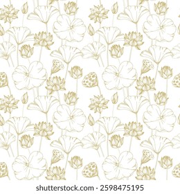 Lotus gold flowers, seed pod and leaves seamless pattern. Vector illustration hand drawn and isolated on white background. Template for label and textile design
