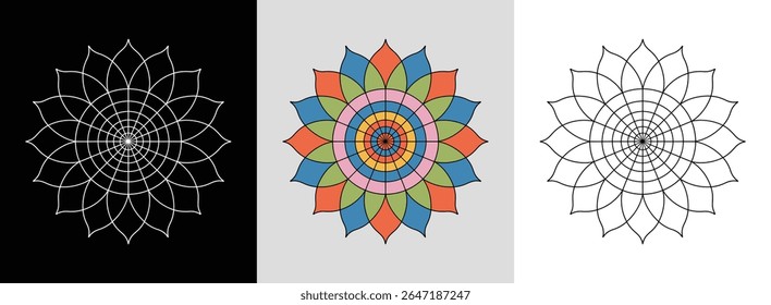 Lotus grid spiral mandala with layered lines and vibrant hues for serene decorative art.