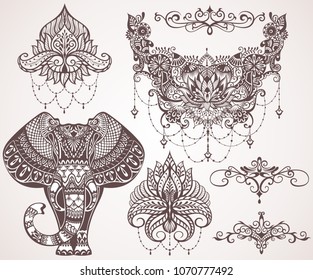 Lotus, hamsa, elephant, Ganesha. Mihendi style